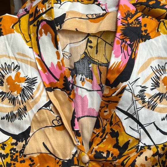 Vintage Floral Midi Dress Belted Puff Poof Sleeve Mid Century Modern 60's 70's - Picture 5 of 9